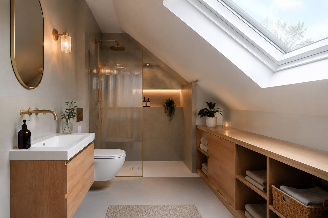Finished attic bathroom with skylight, brass fittings and oak storage