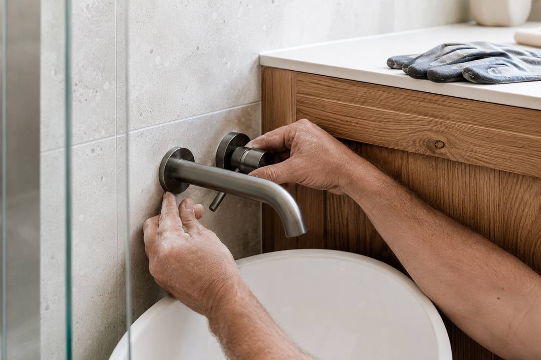 Wall-mounted tap being fitted against large-format tiling