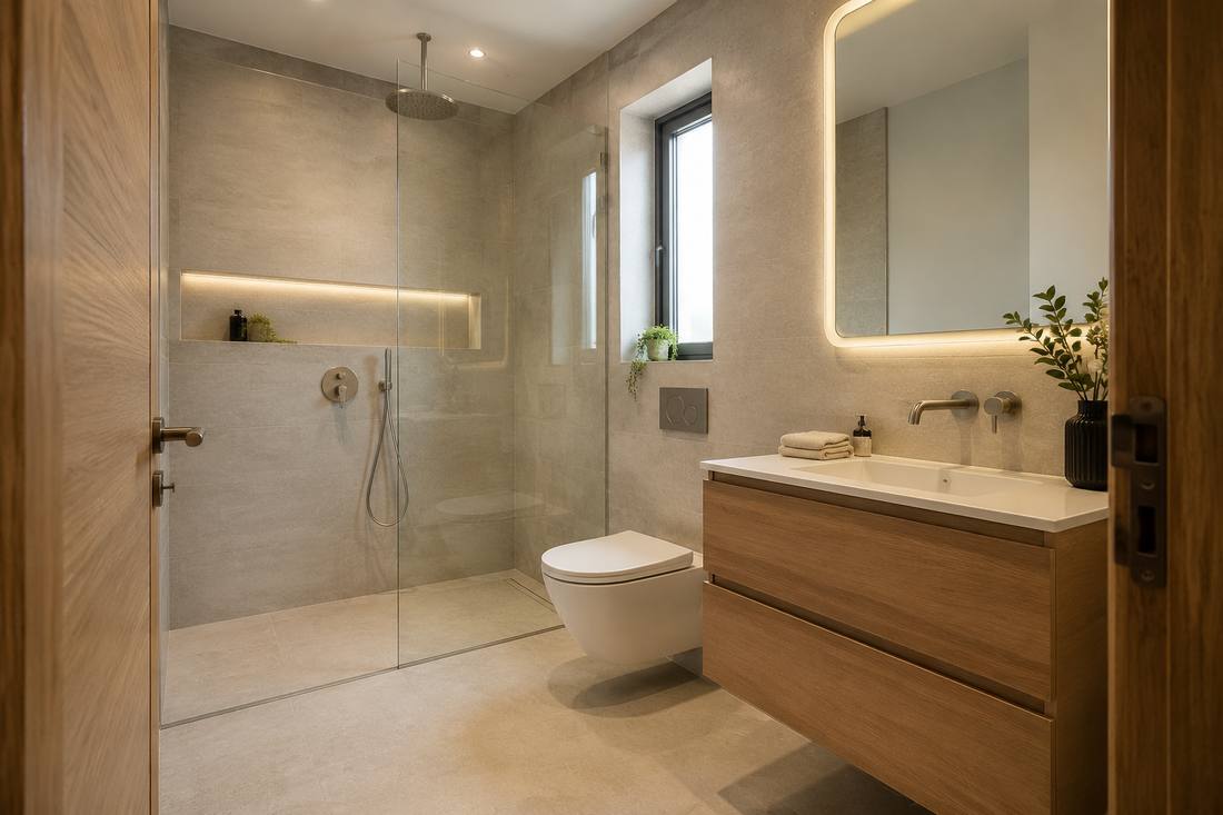 Finished modern bathroom — walk-in shower, oak vanity, warm lighting