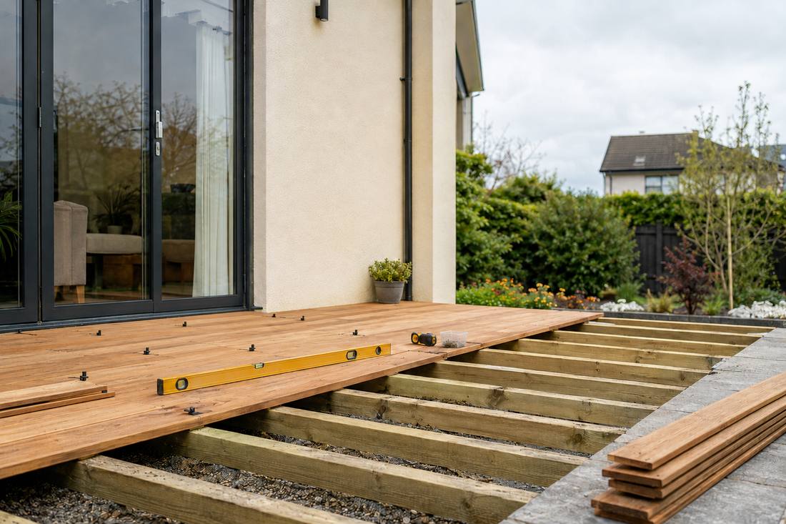 Decking mid-build — boards going down over a treated joist frame
