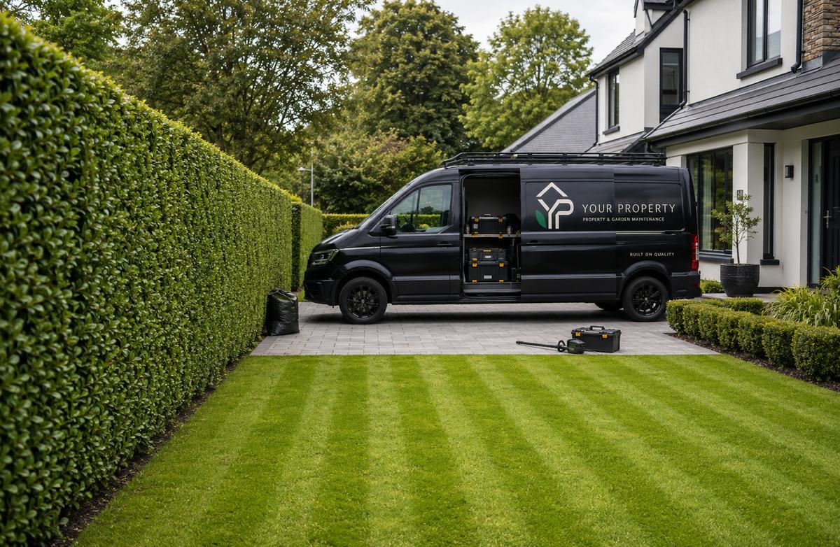 Freshly striped lawn, clipped hedge and the branded van on the drive