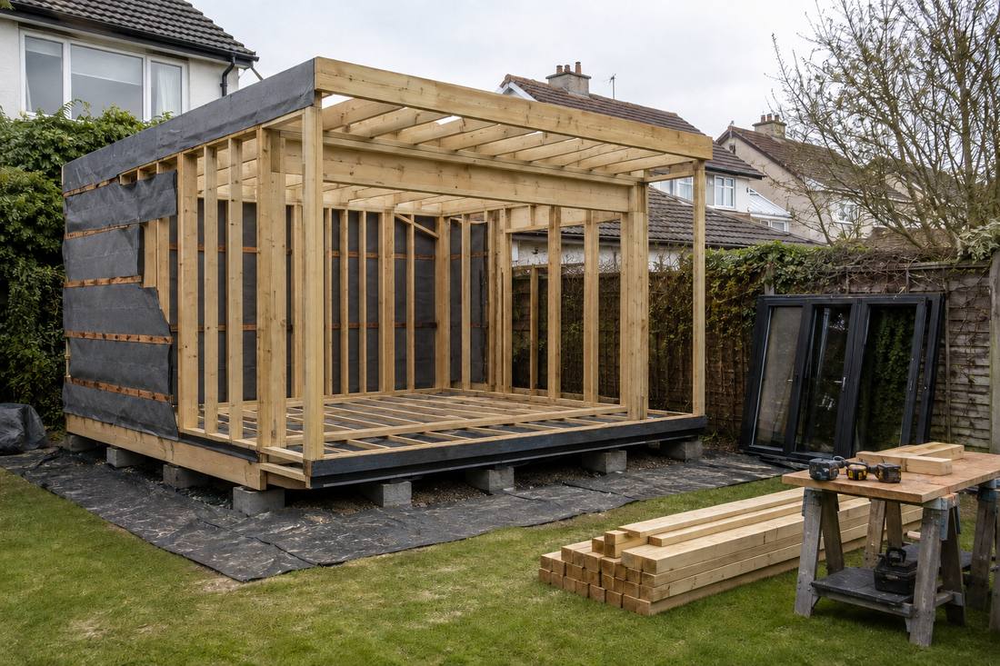 Garden room timber frame up — studwork, membrane and bifold doors ready to fit