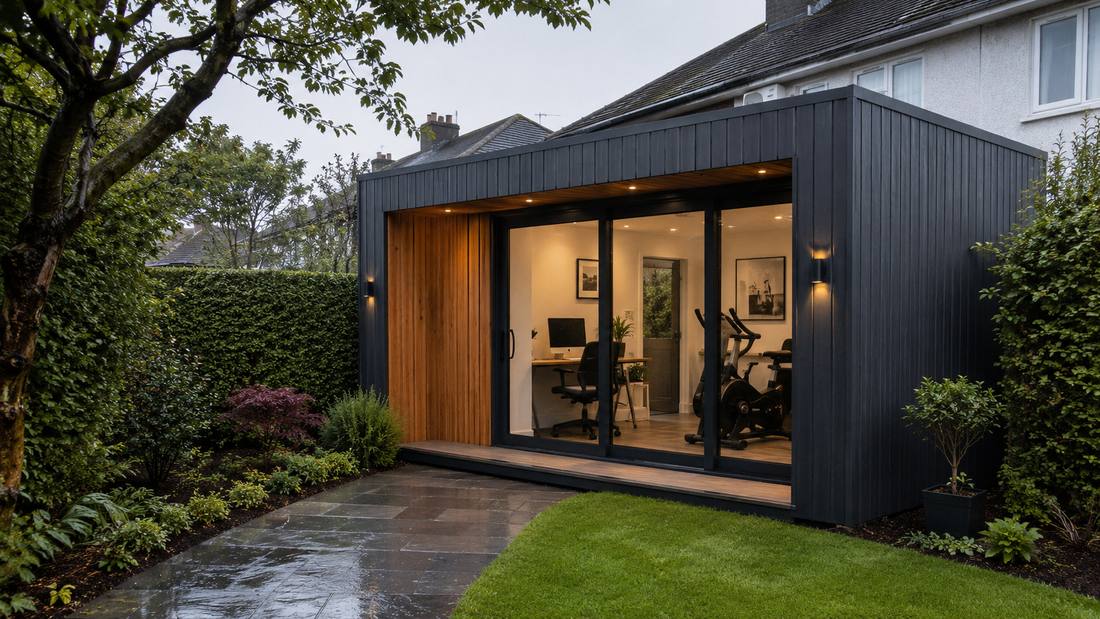 Finished garden room with dark cladding, glazed front and warm interior