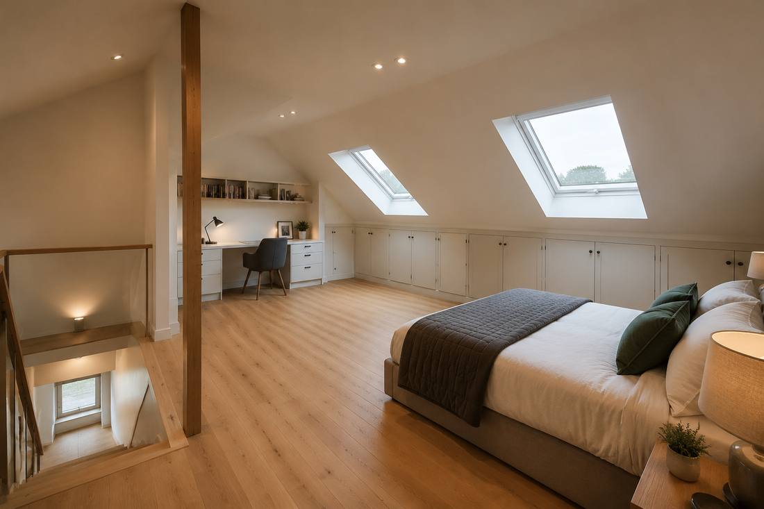 Finished attic bedroom with roof windows, eaves storage and oak floor