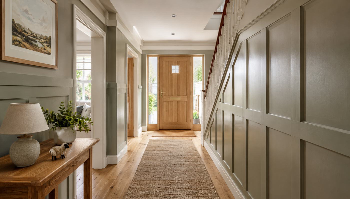 Hallway with full-height wall panelling, oak floor and painted trim