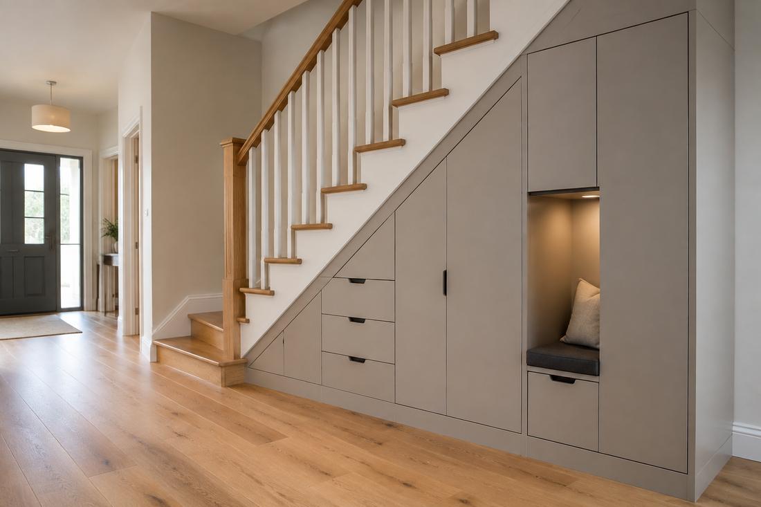 Made-to-measure under-stairs storage — drawers, cupboards and a lit seat nook